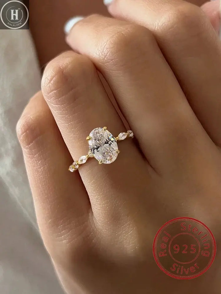 925 Sterling Silver Elliptical Horse Eye Fashionable Zircon Ring For Women Engagement Wedding Luxury High Quality Fine Jewelry HALALZEN