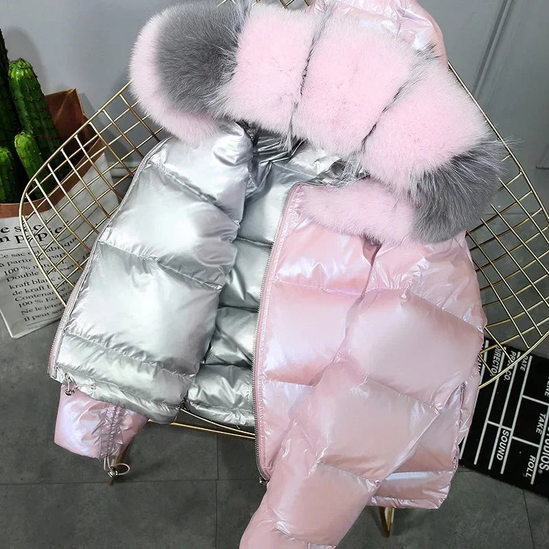 New Real Fur Parkas Natural Fox Fur Collar Jacket Winter Women Loose Short Down Coat White Duck Down Jacket Thick Warm Down Coat