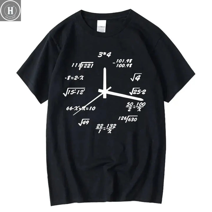 Men's T-shirt 100% Cotton Casual Funny Math Clock Print Summer Loose O-neck T Shirt for Men Short Sleeve T-shirt Male Tops HALALZEN