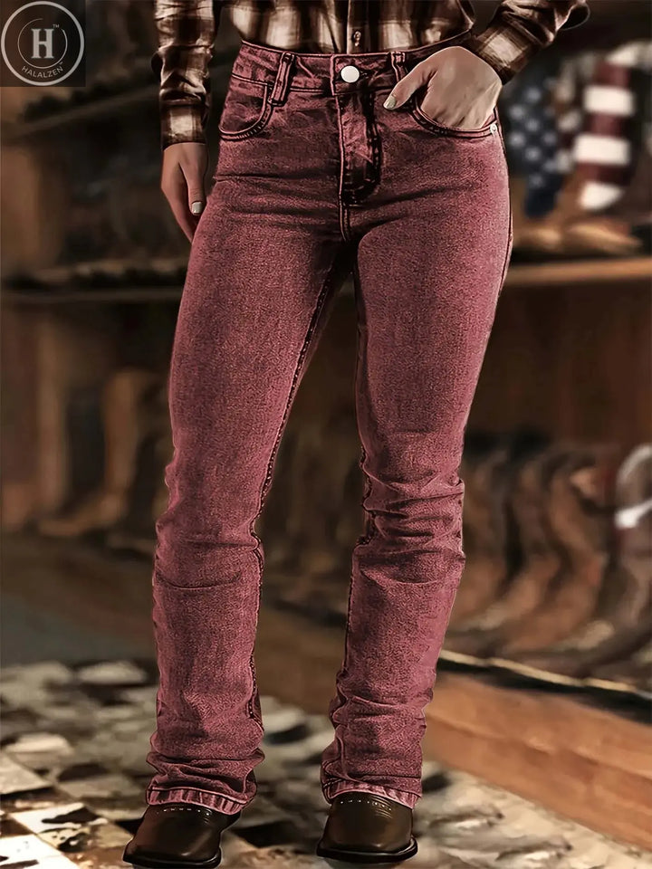 Women's slim fit fashion red jeans, flare style, mid-rise elastic design Plain Pocket Zipper Button Daily Halalzen UK