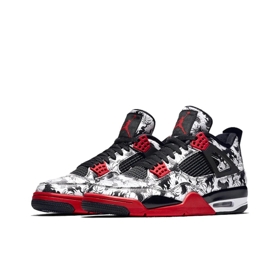 Original Air Jordan 4 "Tattoo" Comfortable Retro Basketball Shoes Men's White and Black and Red Sneakers BQ0897-006