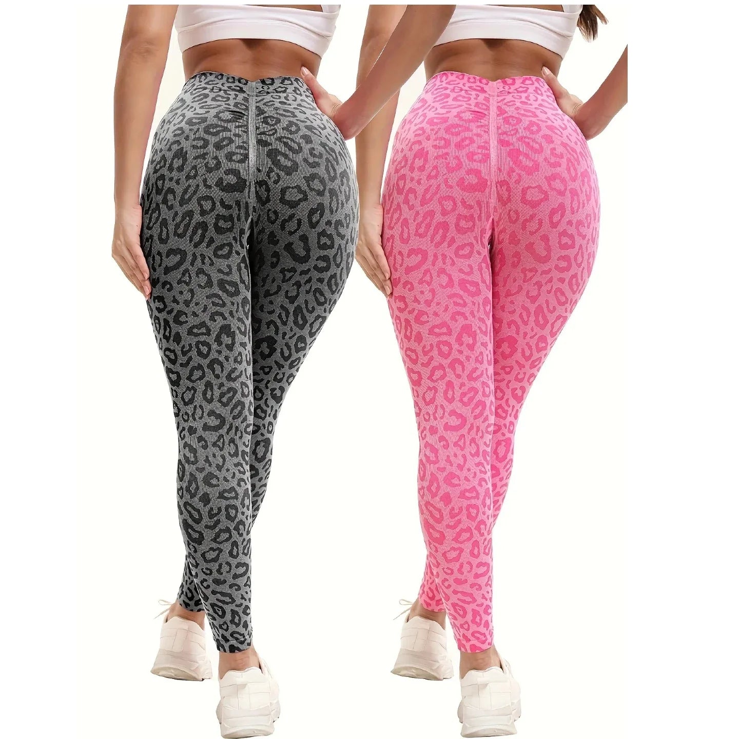 2pcs Women's High Waist Leopard Print Yoga Pants Sports Leggings, Hip Lifting Workout Stretch Fitness Pants For Running Fitness