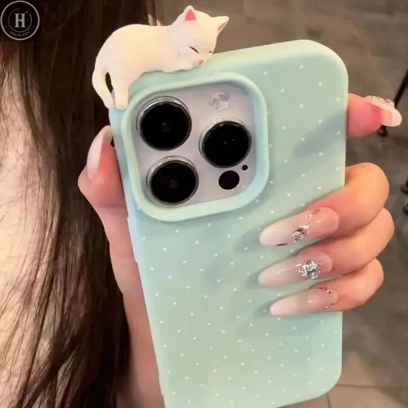 Polka Dot Pattern Soft Phone Case For iPhone 17 16 15 14 13 12 Pro Max Plus X Cute 3D Cartoon Cat Shockproof Cover Halalzen UK