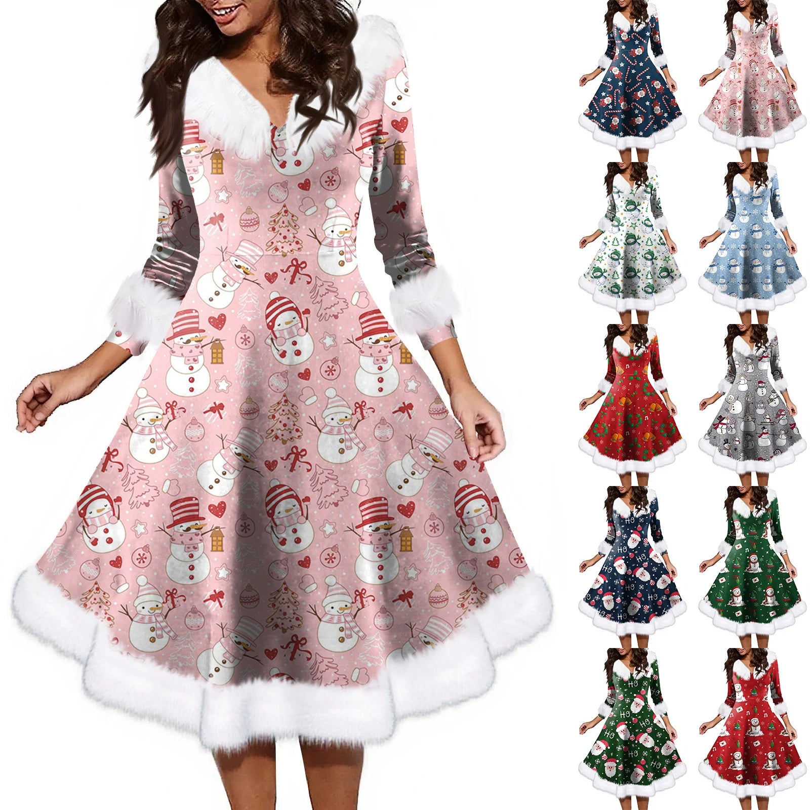 Women'S Fashion V-Neck Casual Fit Christmas Print Party Long Sleeve Dress Elegant Dresses