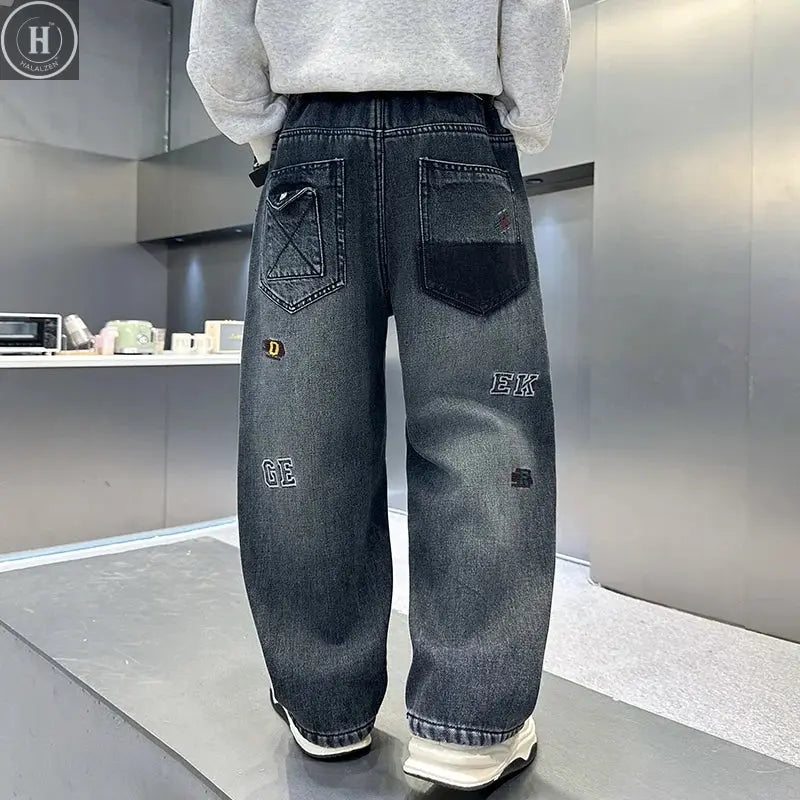 Kids Boys Winter Warm Streetwear Jeans With Letters Fashion Child Fleece Insulated Denim Pants For Teenagers 5 7 9 11 13 14 Year HALALZEN