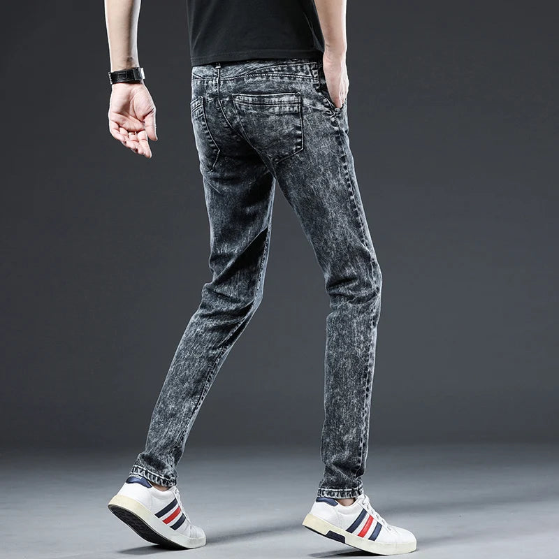 2024 Classic Korean Fashion Street Trendy Men Skinny Retro Snowflake Design Slim Fit Denim Pants New Elastic Cotton Men Jeans