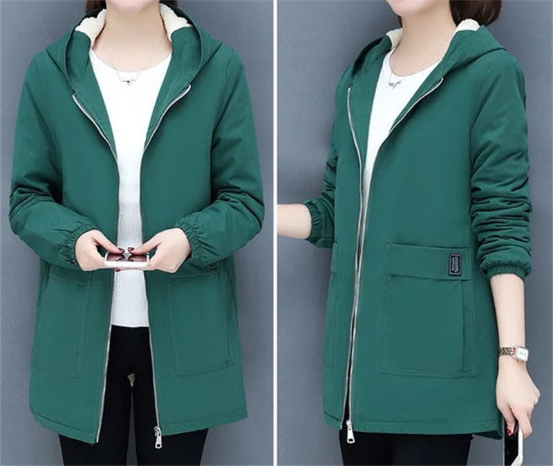 2024 New Winter Jacket Cotton Warm Puffer Coat Women Casual Parkas With Lining Plush hooded trench Outwear Women's Clothes