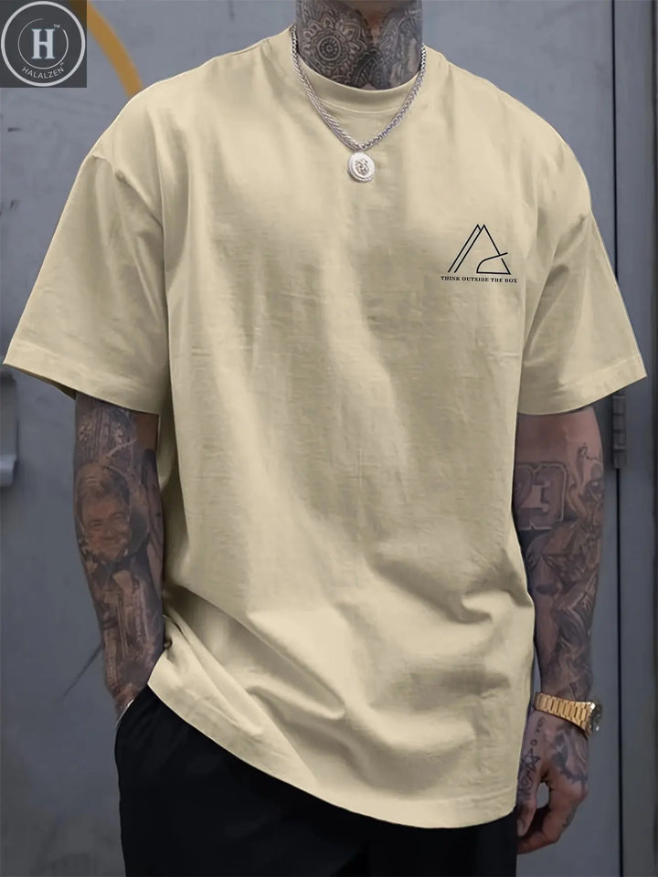 Summer men's 100% cotton comfortable casual wide plus plus size geometric letter printed round neck short sleeved T-shirt top HALALZEN