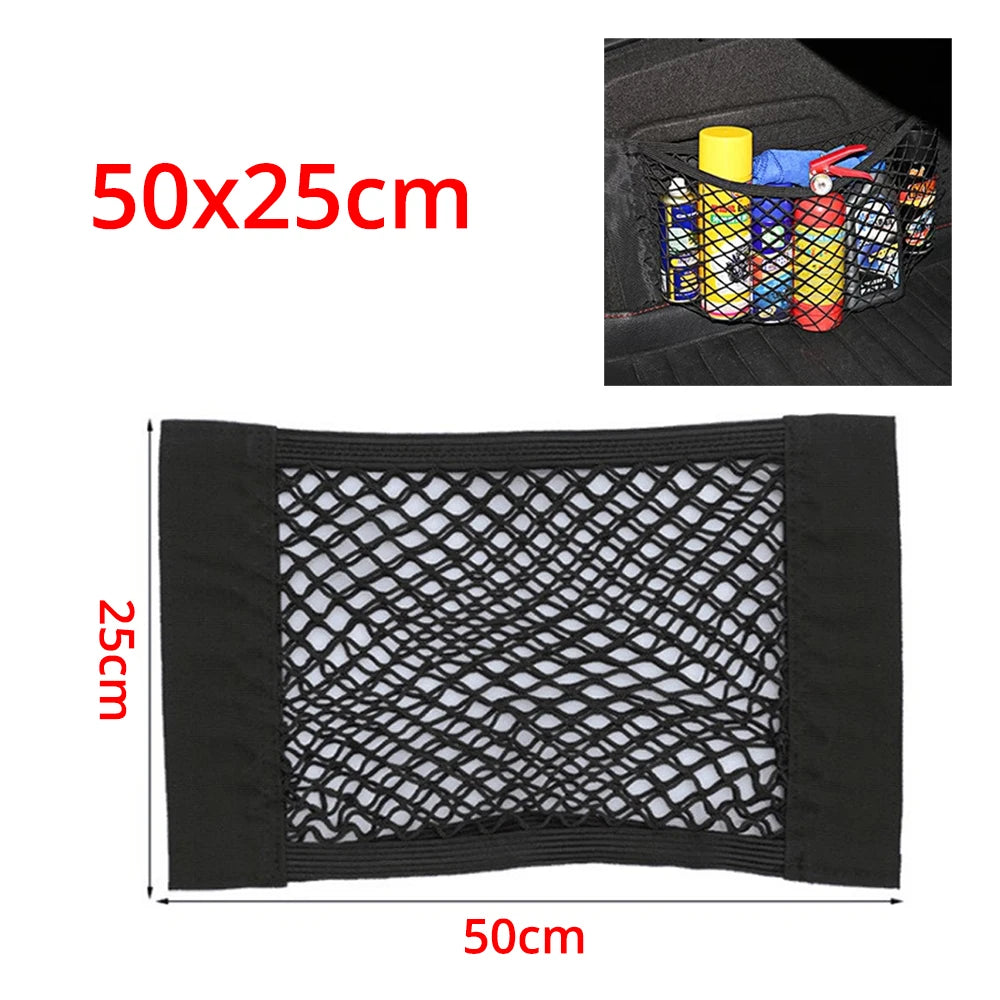 1X Car Back Rear Trunk Organizer Net Mesh Seat Elastic String Magic Sticker Universal Storage Bag Pocket Auto Put Paper Stowing