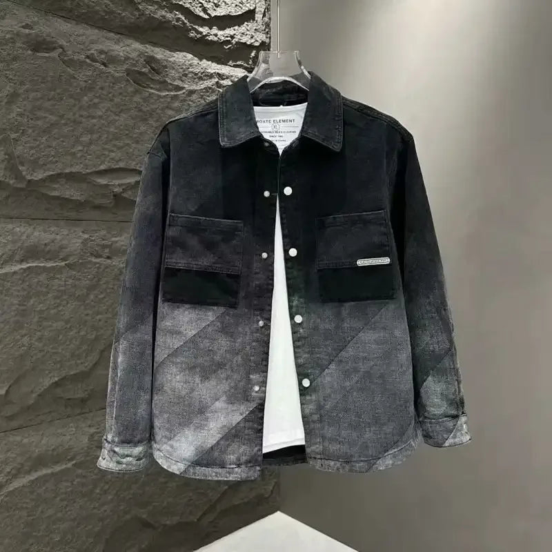 Men's Casual Loose Fit Denim Jacket With Patchwork Design And Faded Wash Turn Down Collar Single Breasted Long Sleeve Outerwear