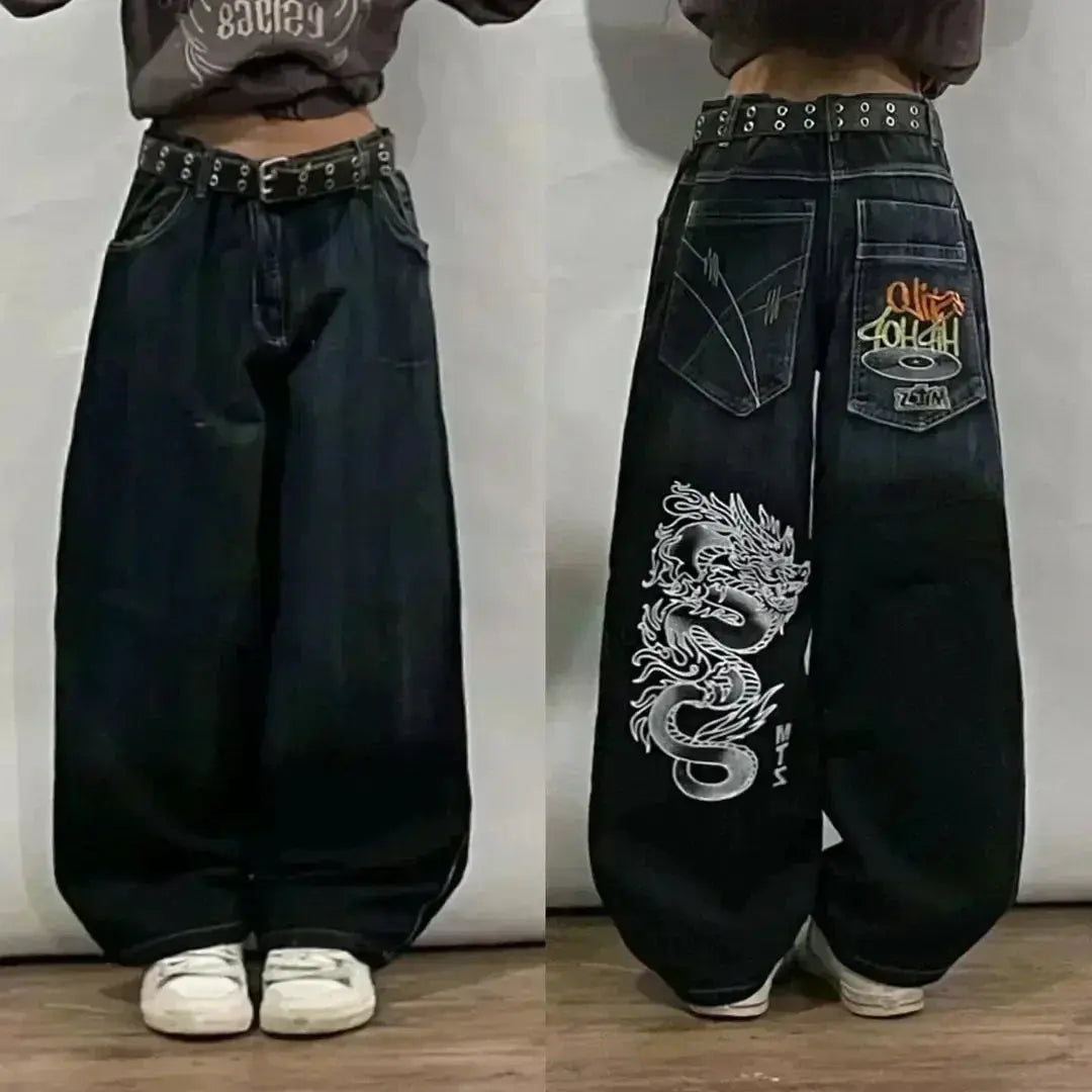 American Street Trend Letter Embroidered Loose Jeans Men Harajuku Y2K New Hip Hop Oversized Wide-leg Pants Unisex Mopping Jeans HALALZEN