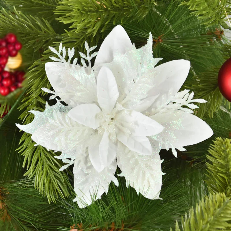 5/10Pcs 14cm Glitter Artificial Christmas Flowers Xmas Tree Ornaments Merry Christmas Decorations for Home New Year Gift Navidad