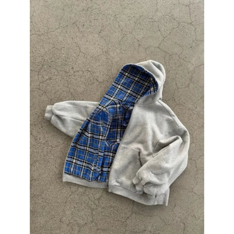 Casual Retro High Street Plaid Zipper Hoodie Women American Y2k Harajuku Fashion Brand Clothing Casual Oversized Sweatshirt Men
