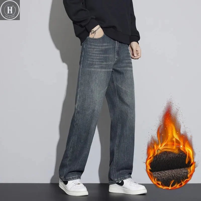 Men's Winter Thick Fleece Lined Jeans Fashion Loose Straight Wide Leg Denim Pants Warm Casual Baggy Male Trousers Streetwear Halalzen UK