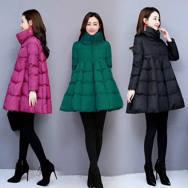 Womens Padded Down Jacket Long Loose Coat A-line Poncho Parkas Thick Skirt Cotton Outwaer Female Fashion New Winter Jacket