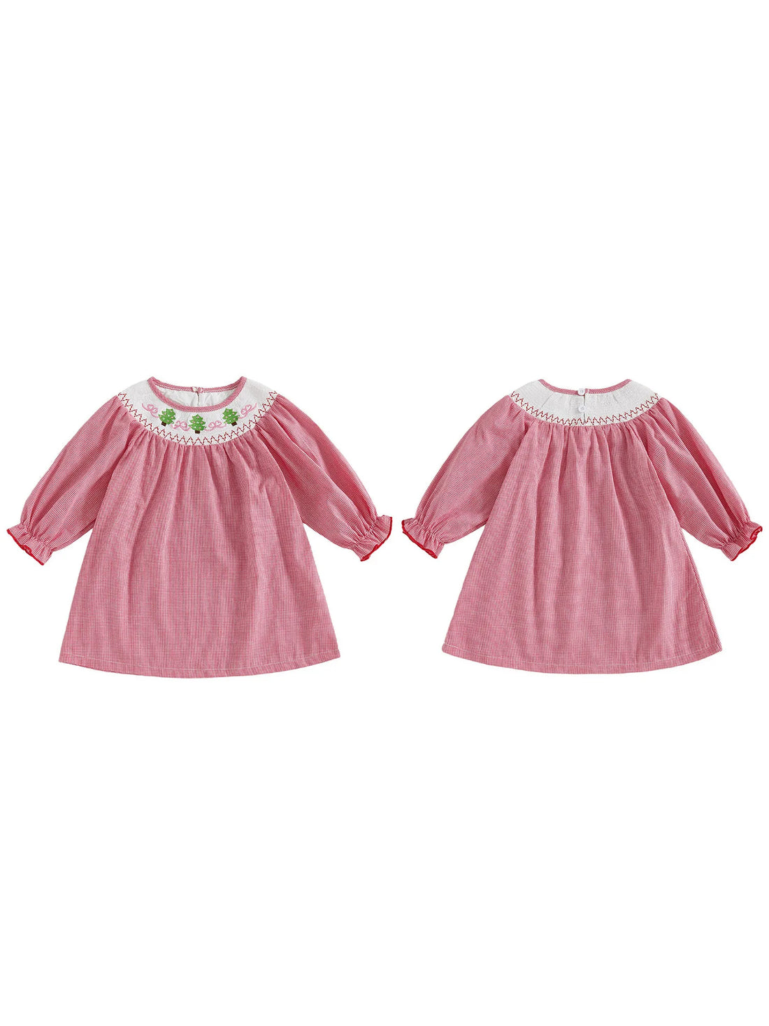 Christmas Toddler Girl Dress with Festive Tree Embroidery Mock Neck Long Sleeves and Plaid Print - Holiday A Line Dress