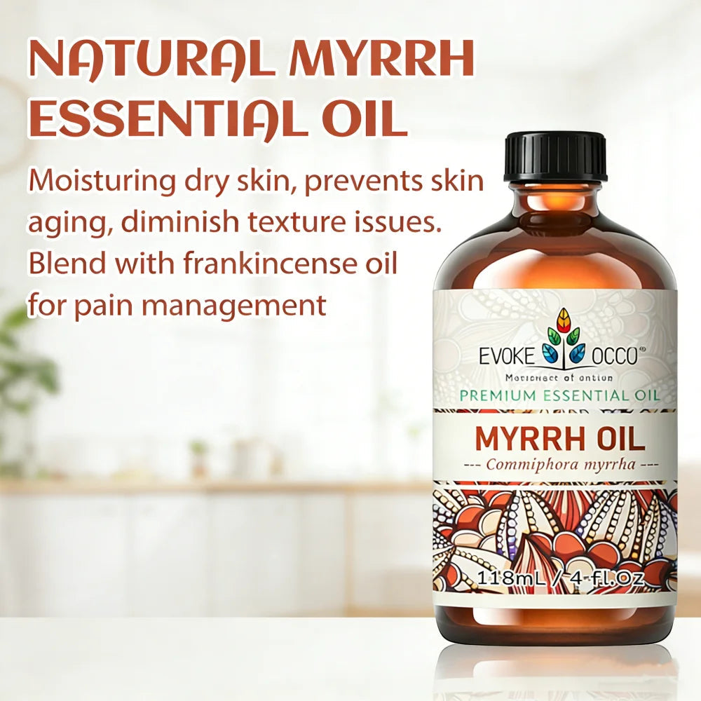 EVOKE OCCU Myrrh Essential Oils, 118ML/4 Fl.Oz. Pure Myrrh Oil for Body Relief Skin Care Humidifier Massage Candle Soap Making HALALZEN