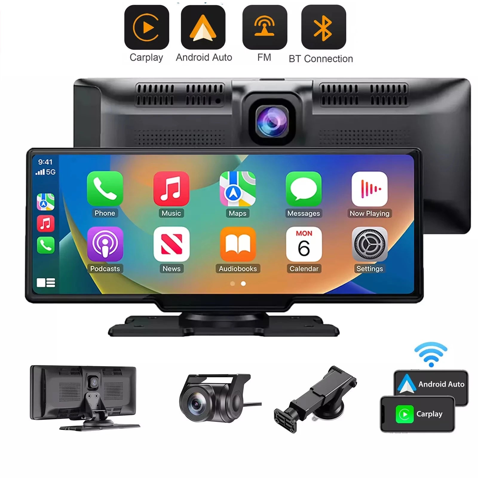 4K 10.26" Touch Screen Car DVR Dashcam Wireless Apple CarPlay Android Auto Dual Lens Video Recorder Dual Dash Cam DVR