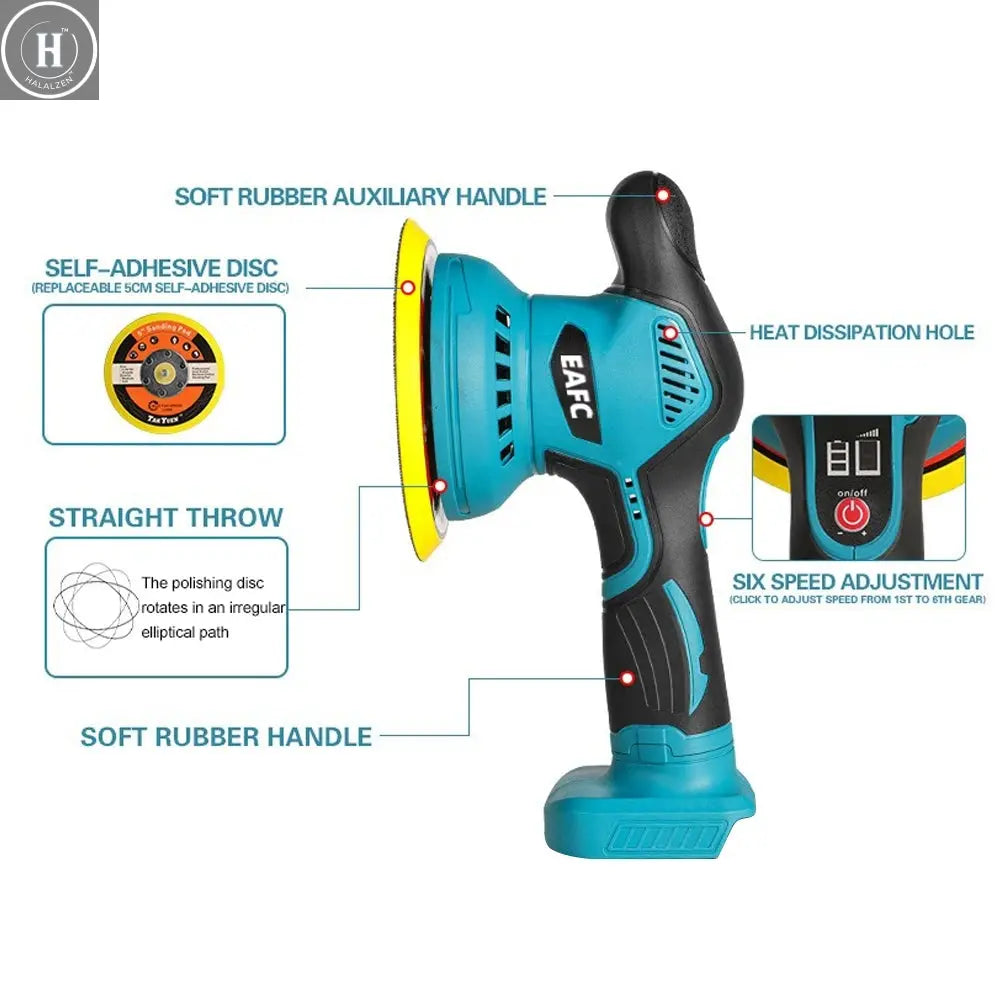 EAFC Cordless Rechargeable Buffer Polisher Portable Polishing Machine6 Gears Metal Waxing For Makita 21V Battery(No Battery) HALALZEN