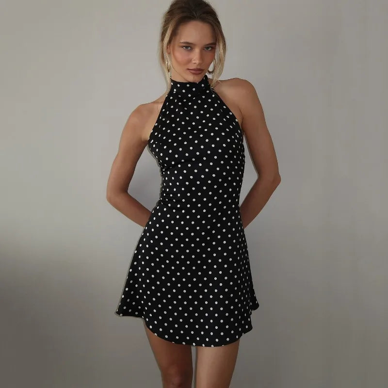Polka Dot Halter Mini Dress for Women Elegant Off-shoulder Sexy Lace-up Sleeveless Backless Fashion Club Party Dress