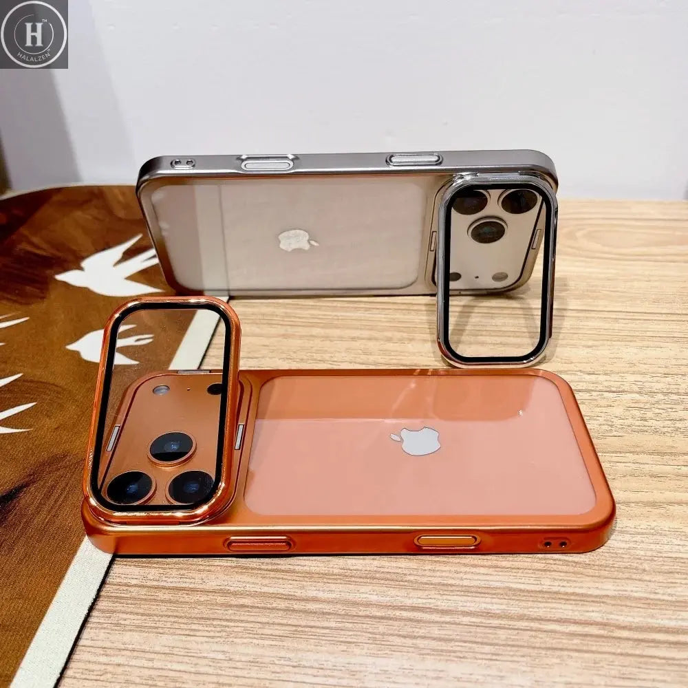 Plating Fold Glass Camera Stand Holder Phone Case For iPhone 17 17Pro 17Air 17 Pro Max Ultra Thin Transparent Shockproof Cover Halalzen UK