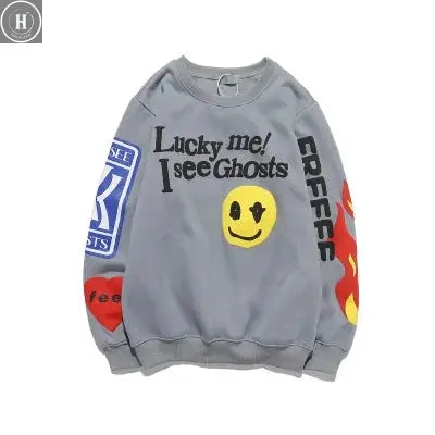 Kanye West Hoodies Jacket Men Graffiti Lucky Me I See Ghosts Sweatshirt Harajuku Fleece Street HipHop Pullover Bone Loose Hoodie HALALZEN