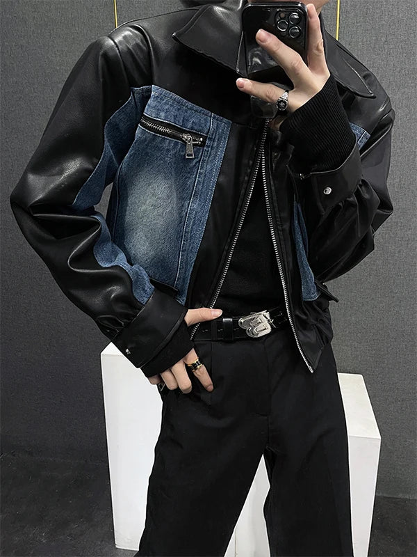 Retro Patchwork Leather Denim Jaet Men's Spring Autumn ort Sle Casual Top Korean Trend Brand Straight Hemline Zipper