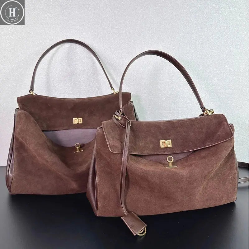сумка через плечо женская Brand Texture Women's Luxury Brown Leather Gold Buckle Handheld Tote Bag Shoulder Bag Shoulder Bag HALALZEN