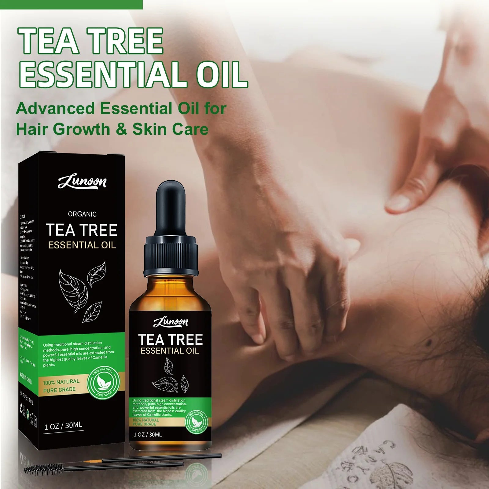 LUNOON Tea Tree Essential Oil 30ml for Hair Growth, Scalp Nourishment & Dry Skin Care Multi-Use Natural Tea Tree Oil HALALZEN
