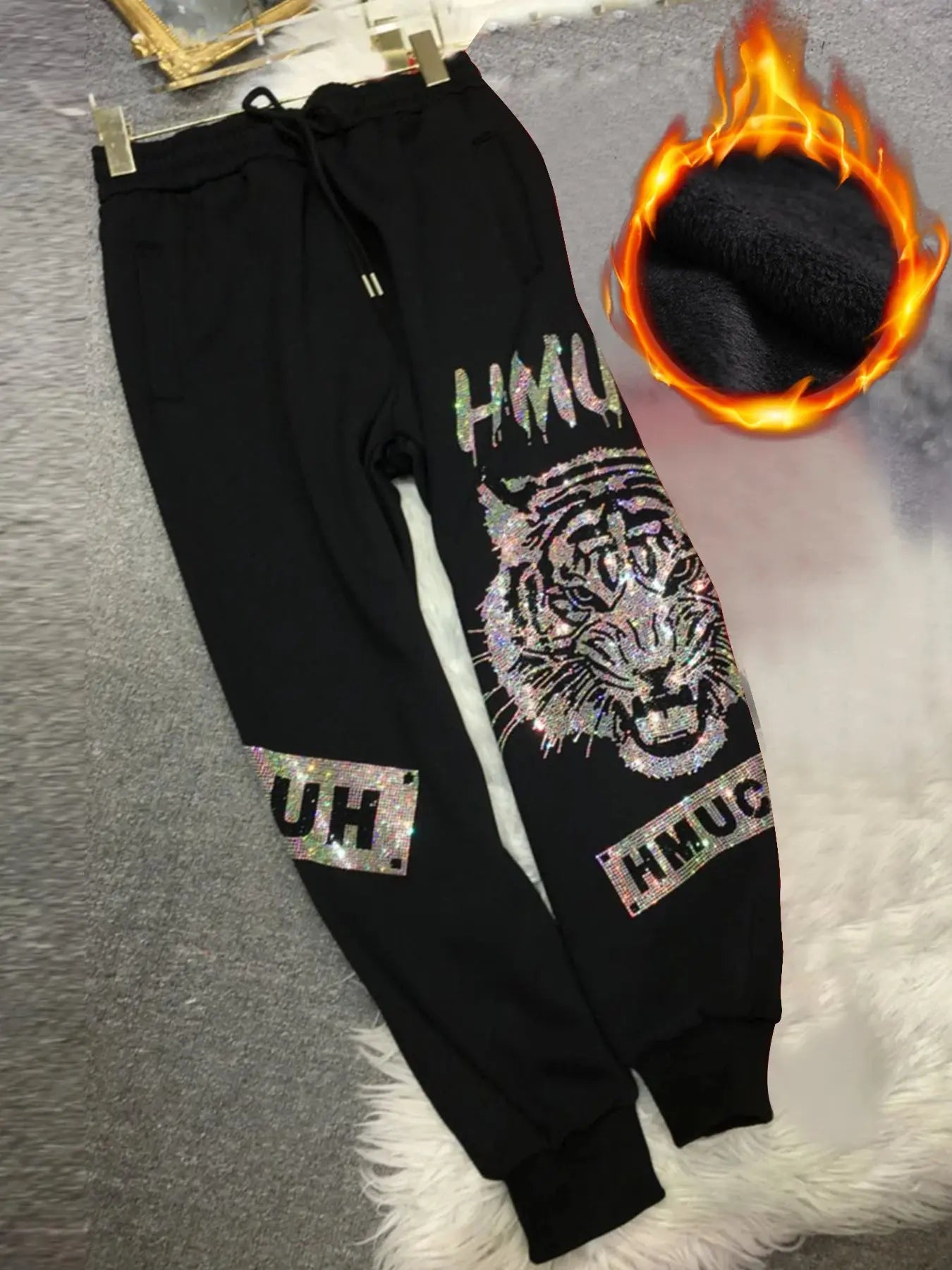 Plus Size Sweatpants Women Fleece Tiger Rhinestone Graphic Joggers with Pocket Cropped Length Bottom Thick Warm Winter Halalzen UK