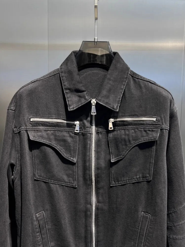 Autumn Mens New Fashion Zipper Multi Pockets Denim Jacket Streetwear Casual Outerwear Coat Vintage Motocycle Biker Cowboy Jacket
