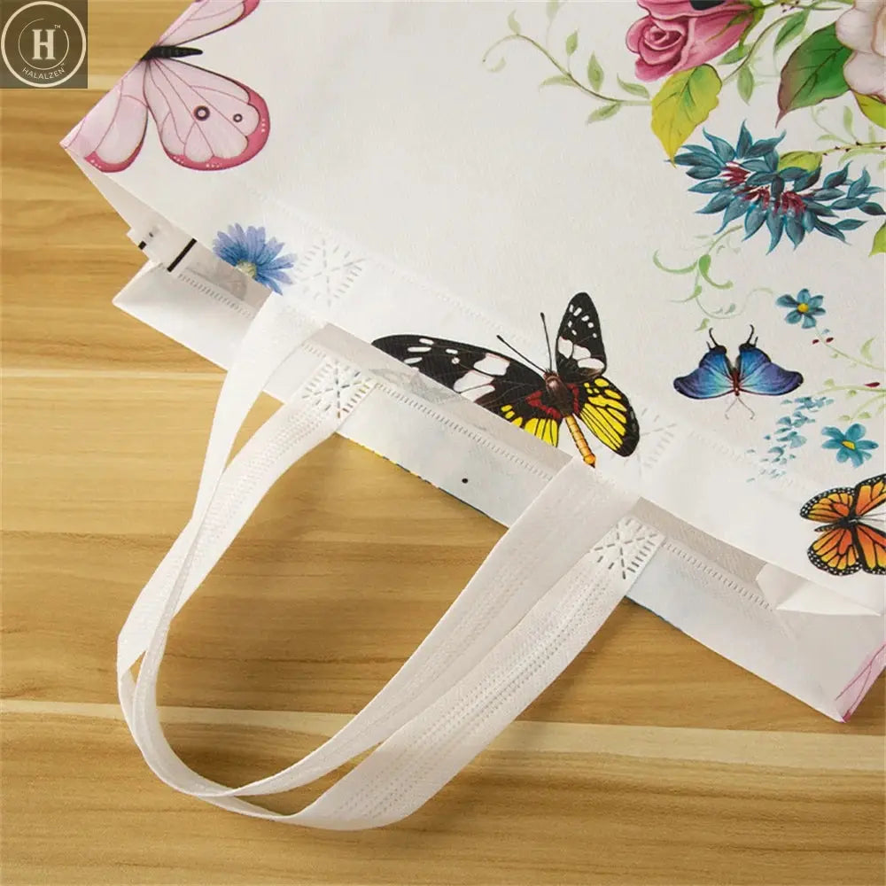 Butterfly Printing Non-woven Fabric Shopping Bag Foldable Reusable Tote Pouch Waterproof Storage Bag Women Travel Grocery Bags HALALZEN