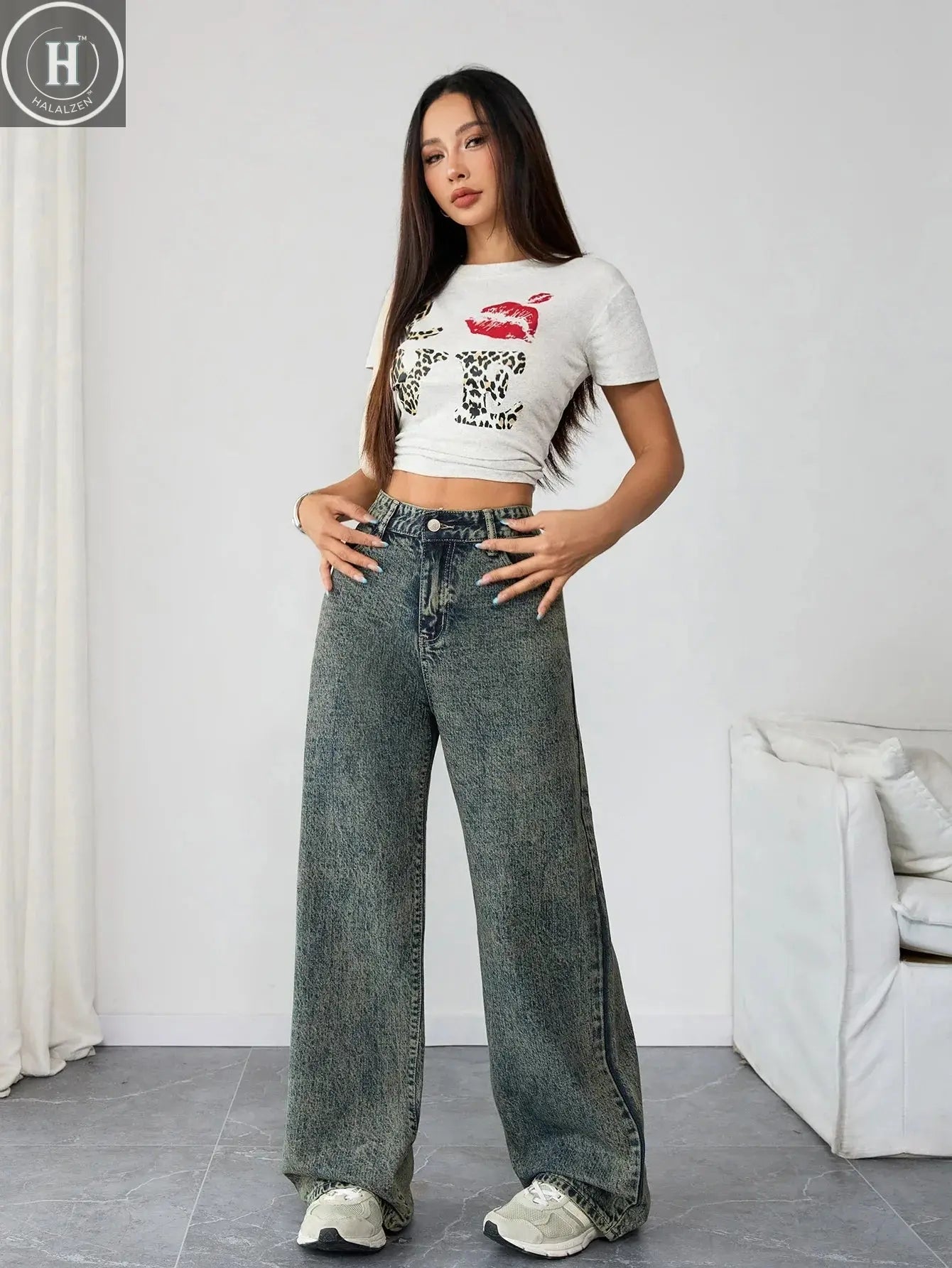Plus Size Women's Wide Leg Denim Pants High Waist Curvy-Friendly Jeans Trendy Wear Halalzen UK
