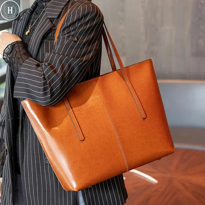 Burminsa Cowhide Genuine Leather Large Tote Bags For Women 2026 Luxury Designer Commuter Shoulder Bags Shopper Ladies Handbags HALALZEN