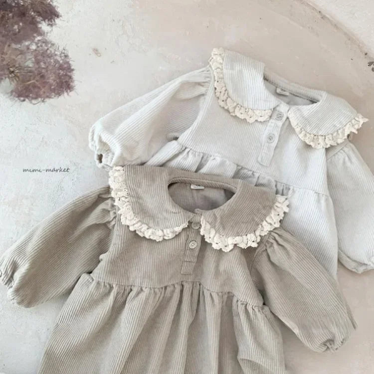 Spring Toddler Girls Dress Corduroy Dress Lace Ruffles Collar Full Sleeve Baby Dress