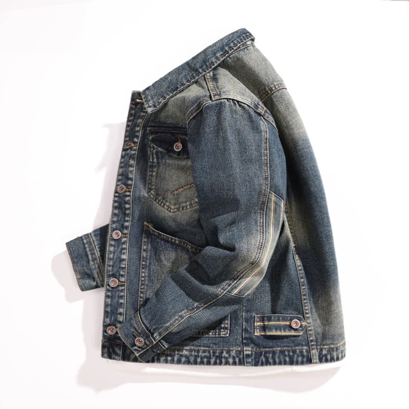 Large Pockets Cargo Denim Jacket for Men Spring Autumn Retro American Utility Jacket Trendy Casual Denim Jeans Coat