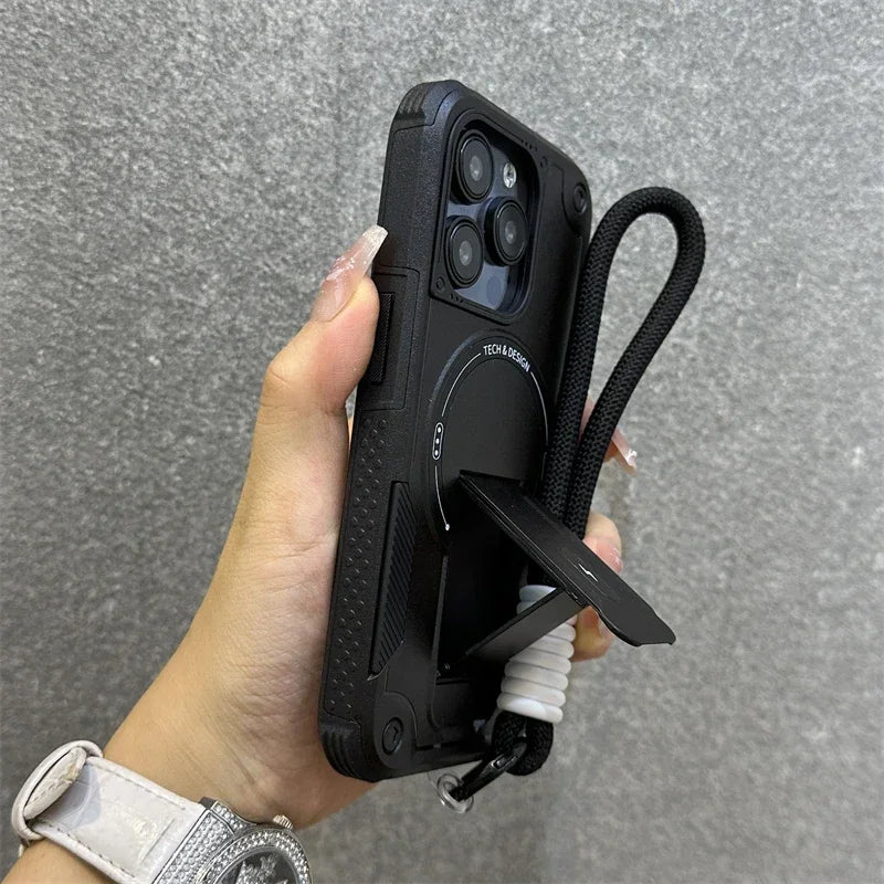 For Magsafe Case for IPhone 17 16 14 13 11 12 15 Pro Max Plus Magnetic Wireless Charging Wrist Strap Stand Hard Anti-fall Cover