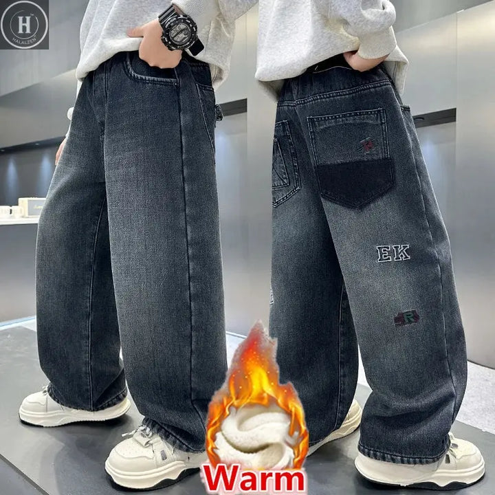 Kids Boys Winter Warm Streetwear Jeans With Letters Fashion Child Fleece Insulated Denim Pants For Teenagers 5 7 9 11 13 14 Year HALALZEN