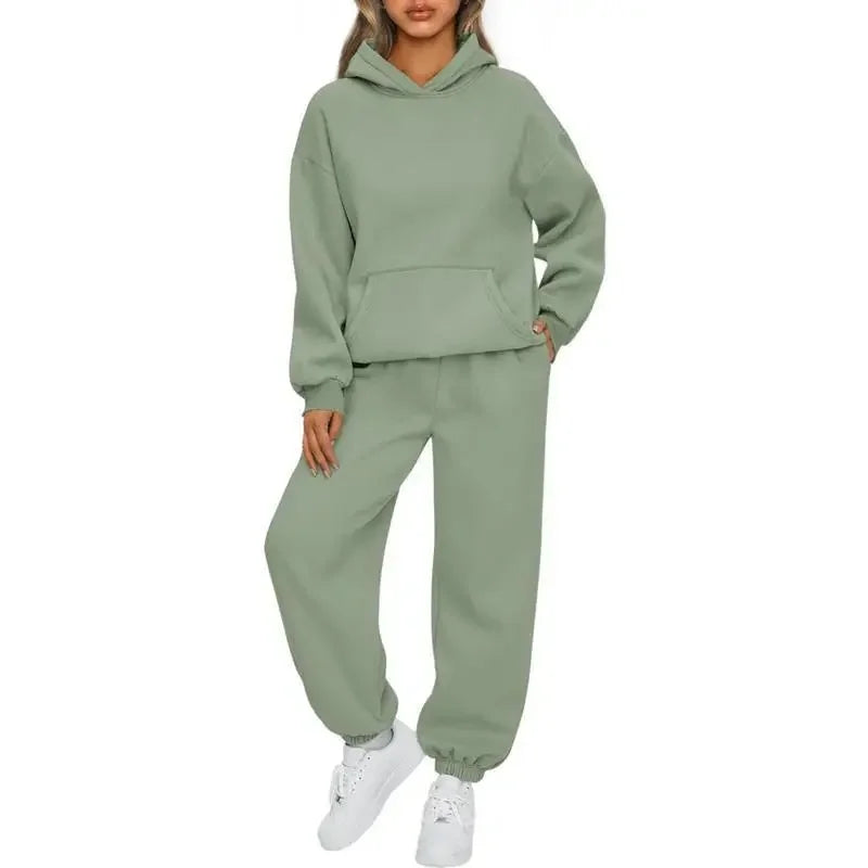 Fashionable Pure Color Autumn Winter Women's Two-Piece Set Casual Hoodie Sportswear Long Pants Ensemble Polyester Fiber