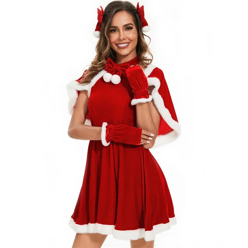Christmas Costume Set for Women Adorable Dress with Matching Hair Clips Cape and Gloves - Perfect for Cosplay and