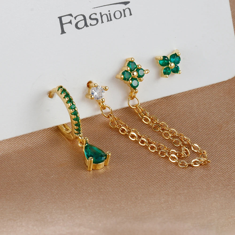 3PCS Set Stainless Steel Crystal CZ Butterfly Ear Stud Earring Gold Plated Pendant Water Drop Cartilage Earring Piercing Jewelry