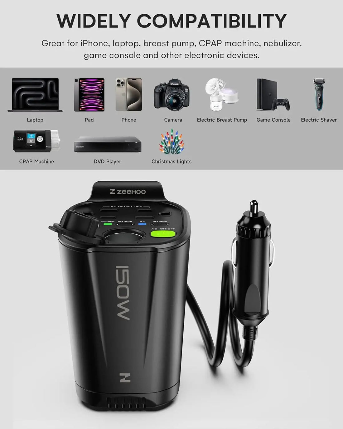 150W Car Power Inverter 12V DC to 110V AC With 2 AC Outlets, 1 18W USB-A Port and Dual 30W PD Fast Car Charger