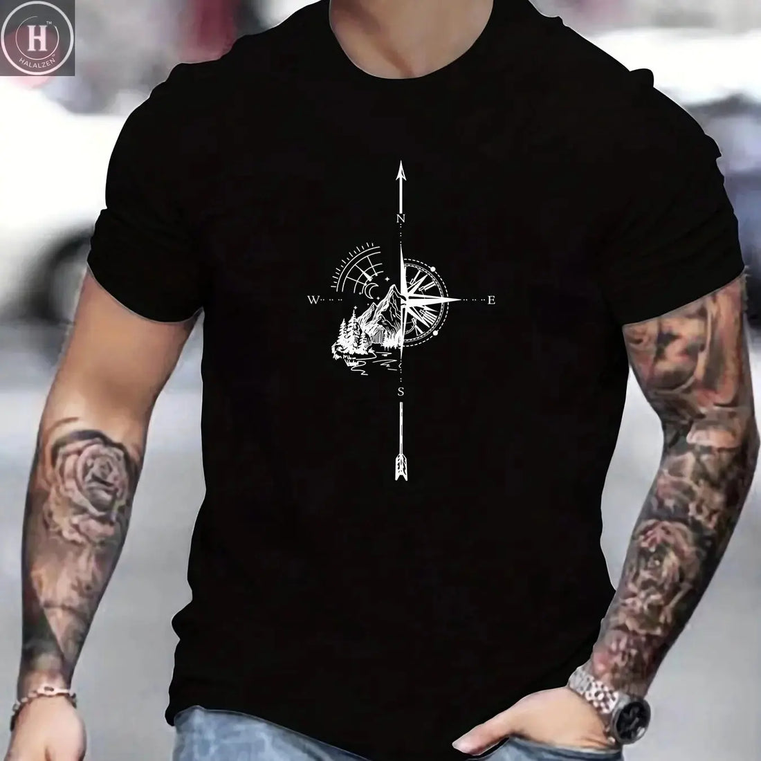 Men's Summer Casual Loose Size 100% Cotton Mountain Compass Pattern Print Round Neck Short Sleeve T-shirt Top HALALZEN