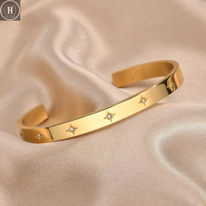 Open Adjustable Star Starburst Cuff Bangle Bracelet for Women Stainless Steel Cubic Zirconia Inlay Charm Layered Jewelry HALALZEN