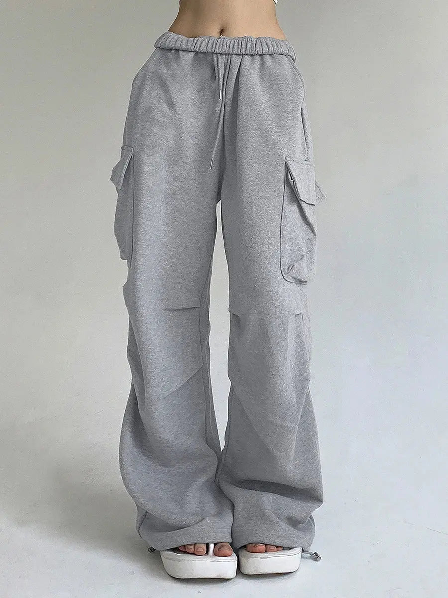 Women s Baggy Cargo Pants High Waist Solid Color Parachute Pants Ruched Sweatpants with Flap Pockets Halalzen UK