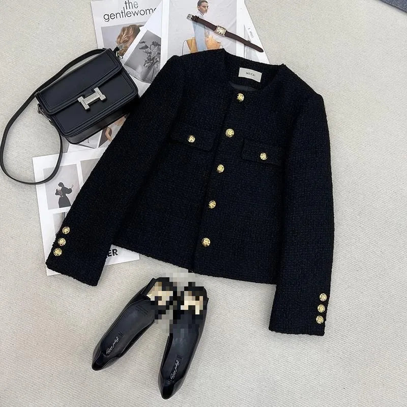 French Wool Tweed Coat Fashion High-end Gold Button Short Slim Temperament Spring and Autumn Korean Coats Women Jacket New