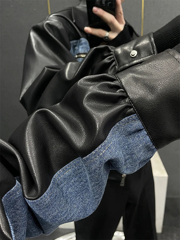 Retro Patchwork Leather Denim Jaet Men's Spring Autumn ort Sle Casual Top Korean Trend Brand Straight Hemline Zipper