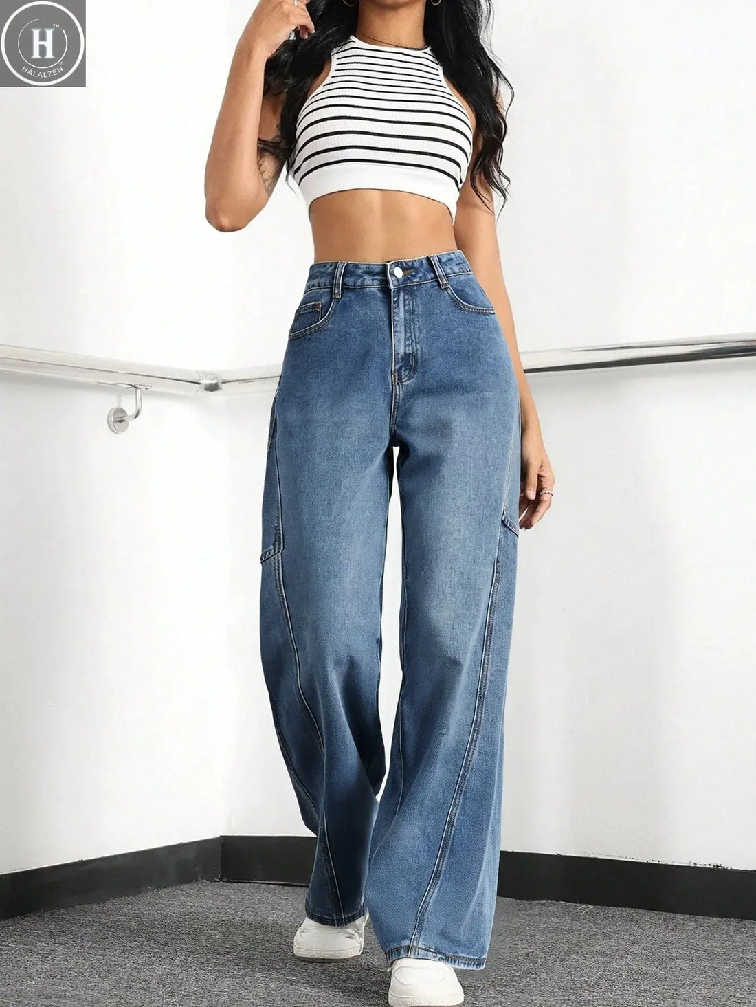 Women's High - Waisted Wide Leg Cargo Jeans | Baggy Denim Workwear Pants Halalzen UK