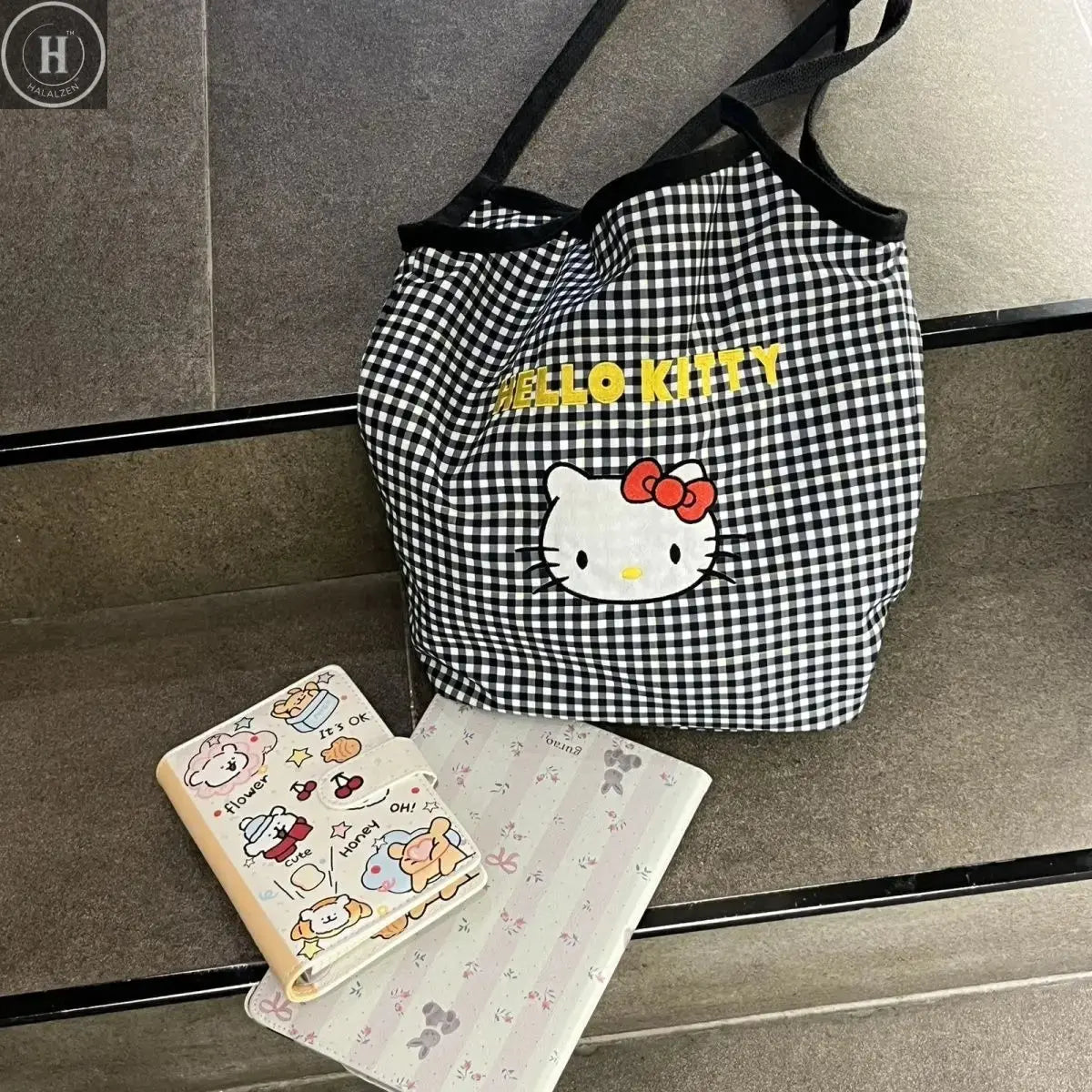 Kawaii Plaid Hello Kitty Women's Shoulder Bag Embroidered shoulder handbag Canvas bag Commuter Versatile Shoulder Handbag HALALZEN
