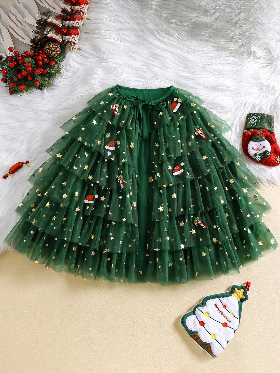 Christmas Tulle Cloak for Girls Snowman Reindeer Gingerbread Man Tiered Cake Tie Front Cape with Holly Accents
